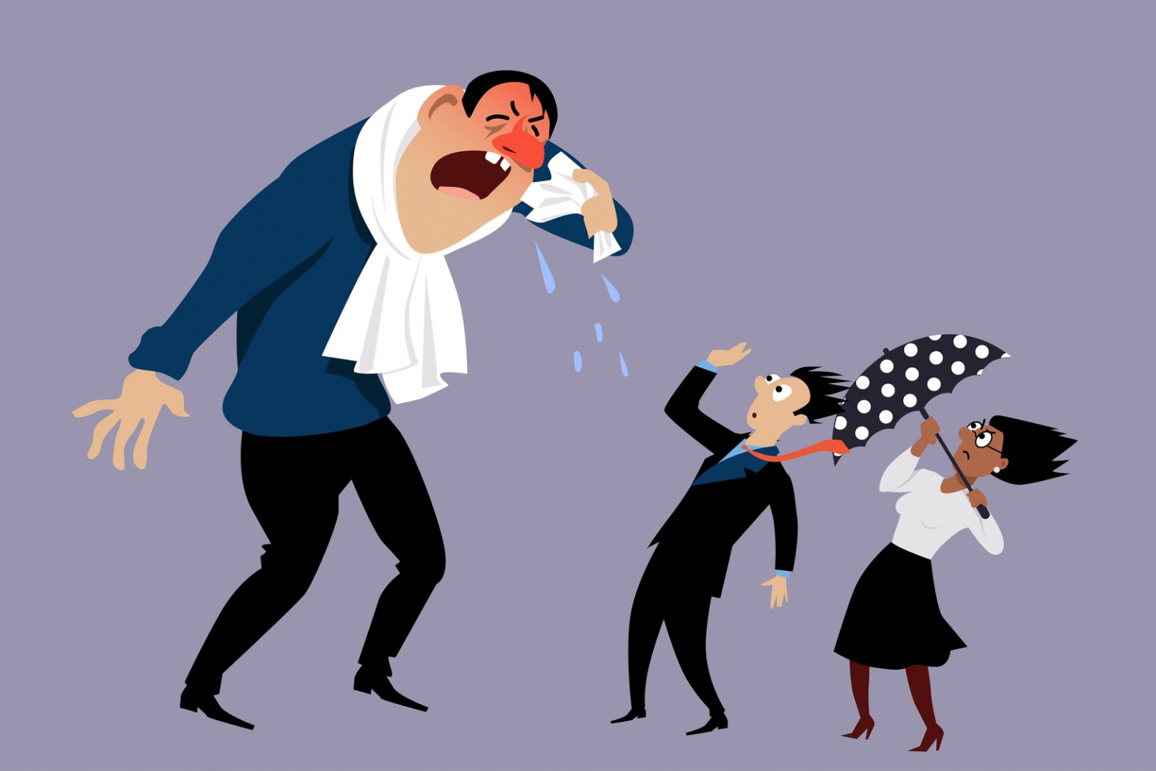 Sick man sneezing at terrified coworkers, EPS 8 vector illustration, no transparencies
