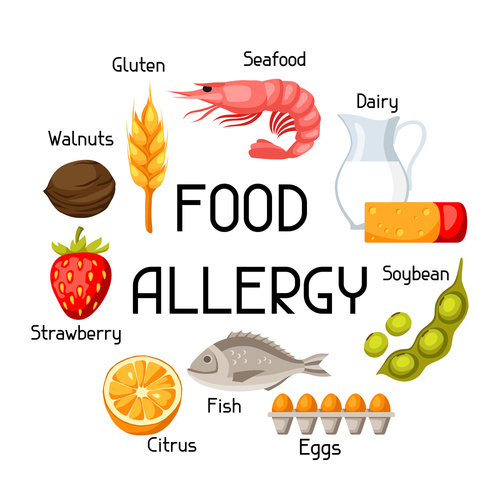 Food allergy background with allergens and symbols. Vector illus